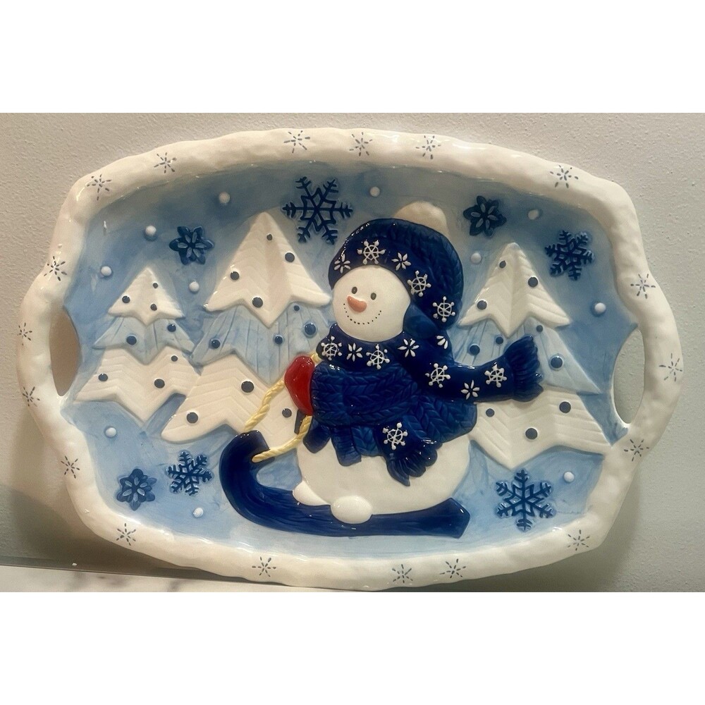 18” Vintage Home Trends "Blue Snowman" Homespun Holiday oval serving platter
